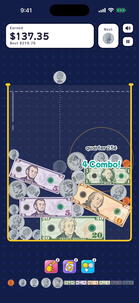 The game screen. Bills and coins fill the jar, and “4 Combo!” appears