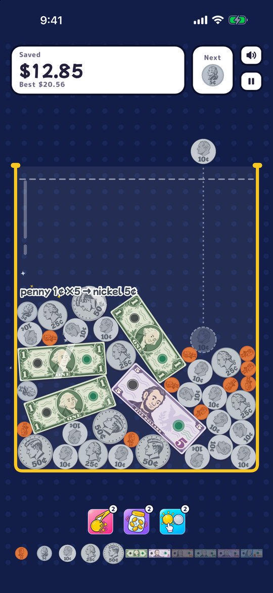 Exchange mode. “penny 1¢ ×5 → nickel 5¢” is shown